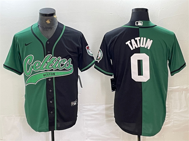 Men's Boston Celtics #0 Jayson Tatum Green/Black Split Stitched Baseball Jersey Men's Boston Celtics #0 Jayson Tatum Green/Black Split Stitched Baseball Jersey